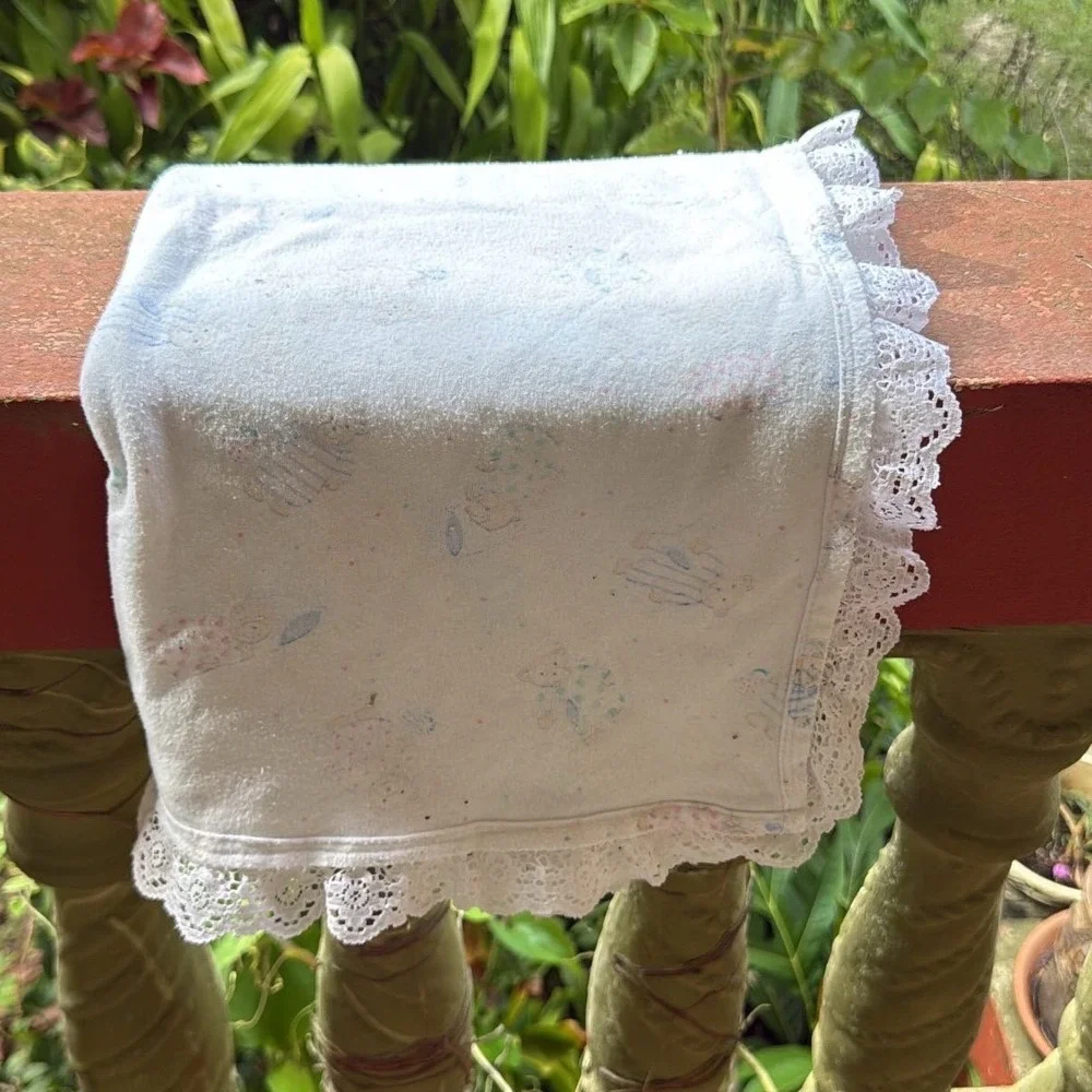 Vintage White Flannel Baby Blanket Ruffled Lace Trim Pastel Floral Teddy Bear